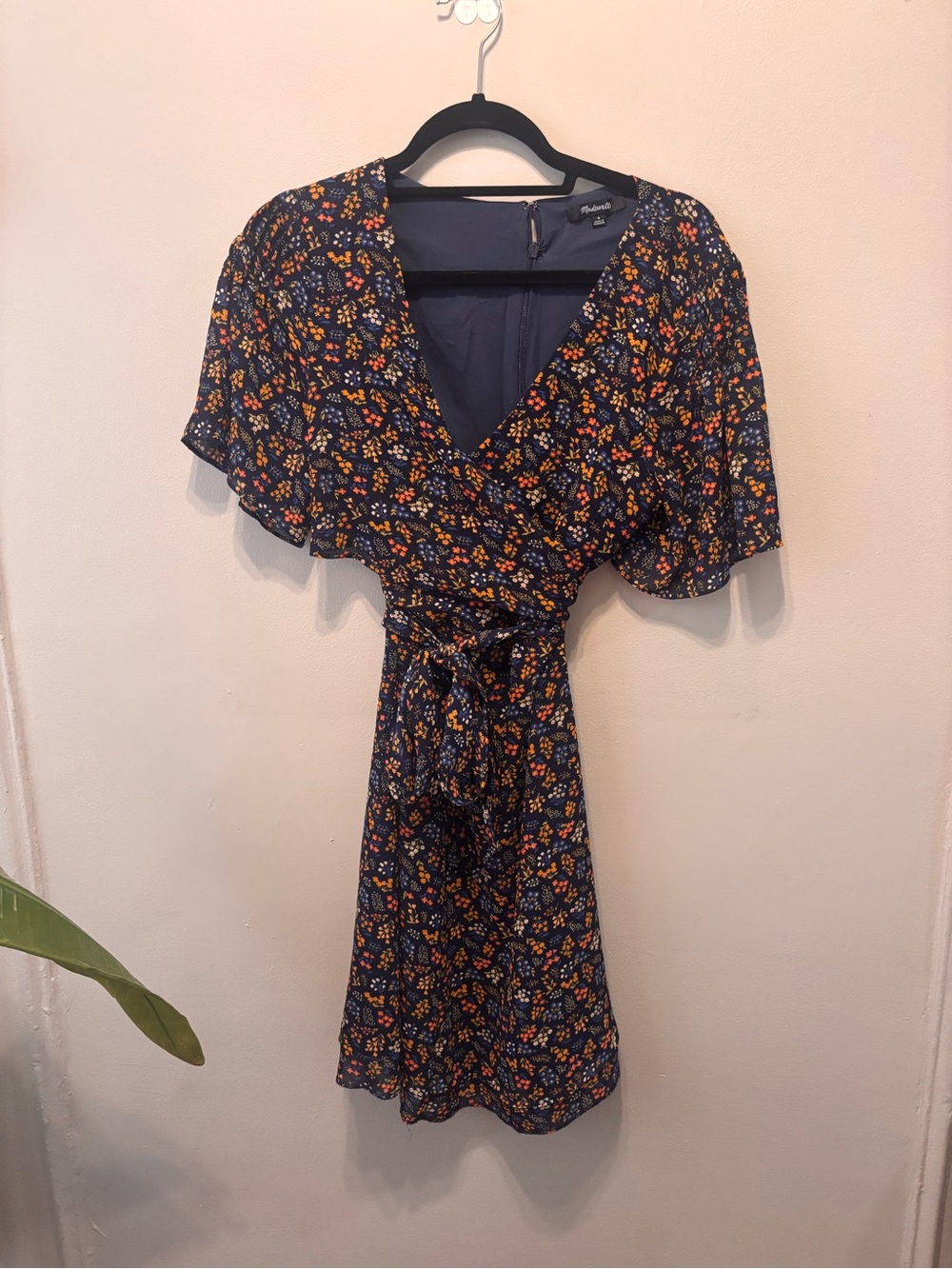 Madewell Navy Floral Wrap Dress with Orange & Cream Accents